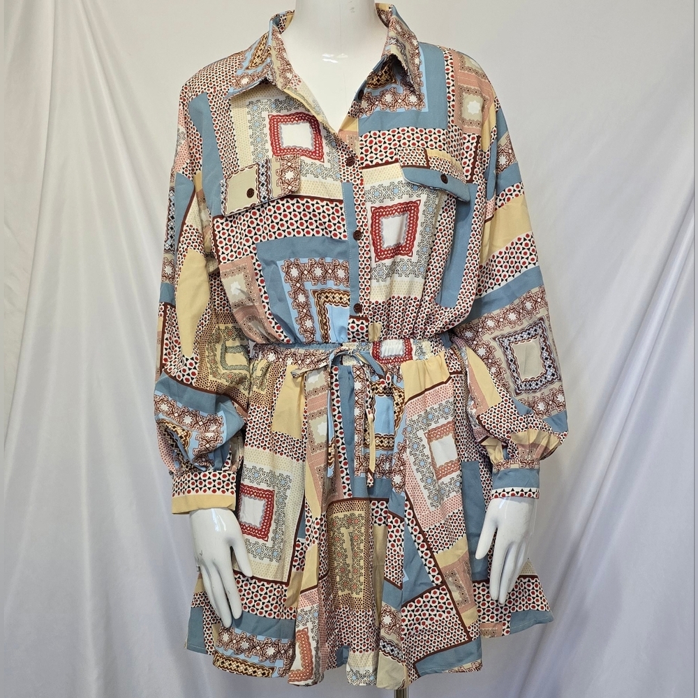 Mixed Print Patchwork Button-Down Mini Shirt Dres… - image 1